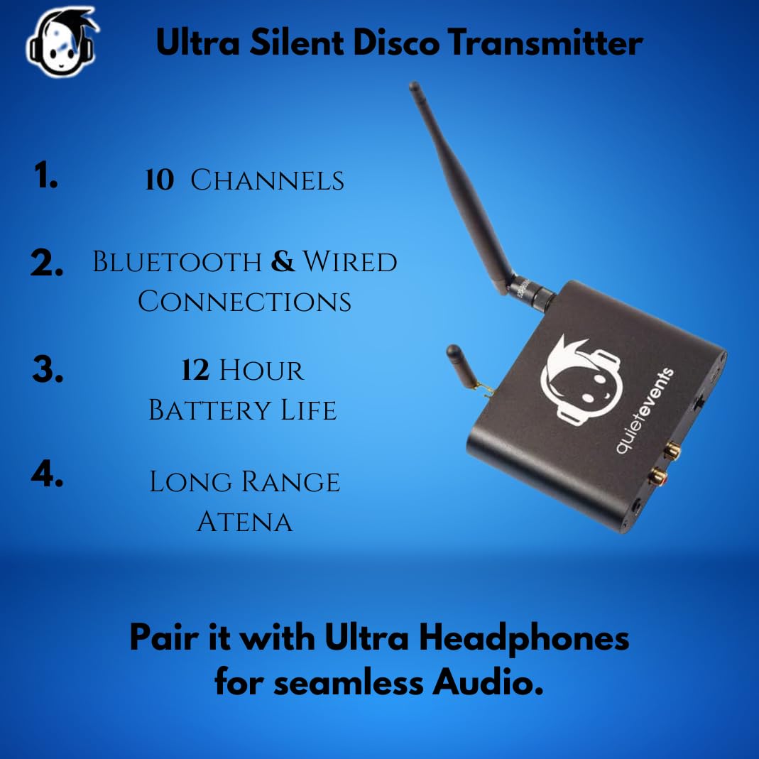 Ultra 10-Channel Silent Disco Transmitter – 900MHz UHF Stereo RF Audio | 1500 Ft Range | RCA Input & Mic | Hi-Fi Sound | 12Hr Battery | Compatible w/ “U” Frequency Headphones | FCC CE RoHS Certified