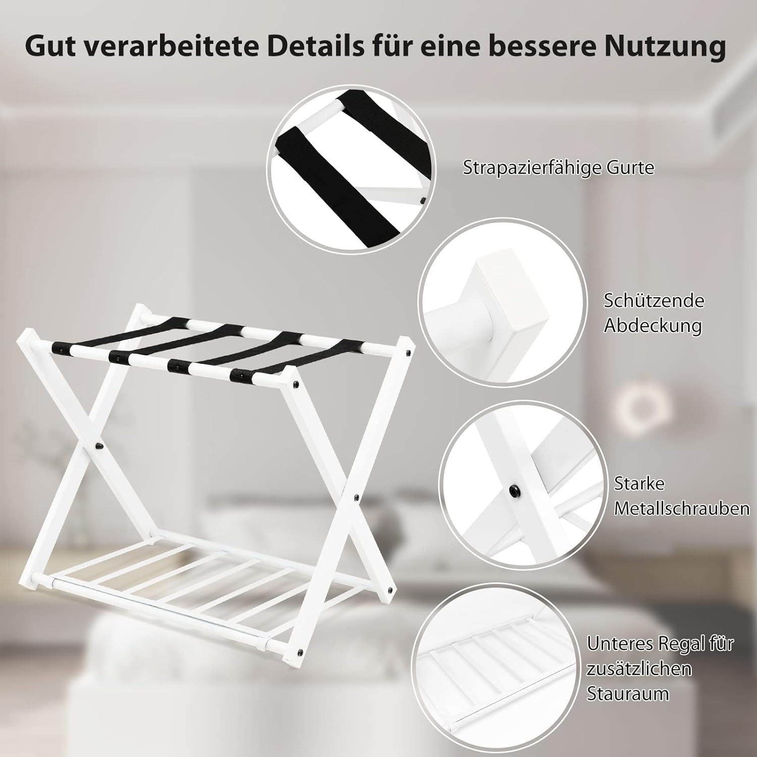 GOPLUS Kofferständer klappbar, Gepäckablage aus Metall bis 60kg belastbar, Kofferablage mit darunter liegendem Schuhregal, Kofferhocker für Hotel & Zuhause, 64x43x58 cm (Weiß-1 Stück)