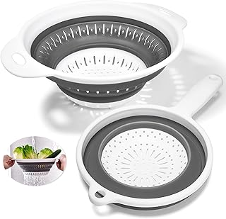 Collapsible Silicone Colanders and Strainers [2 Piece Set] - 2 Quart and 3 Quart Pasta Vegetable/Fruit Kitchen Mesh Strain...