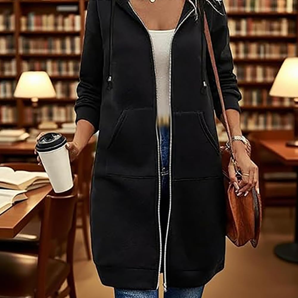 Generisch Felpa con cappuccio, lunga tunica, maglione casual in pile con cerniera, da donna, con tasche laterali, taglie forti, blu navy, XXXL