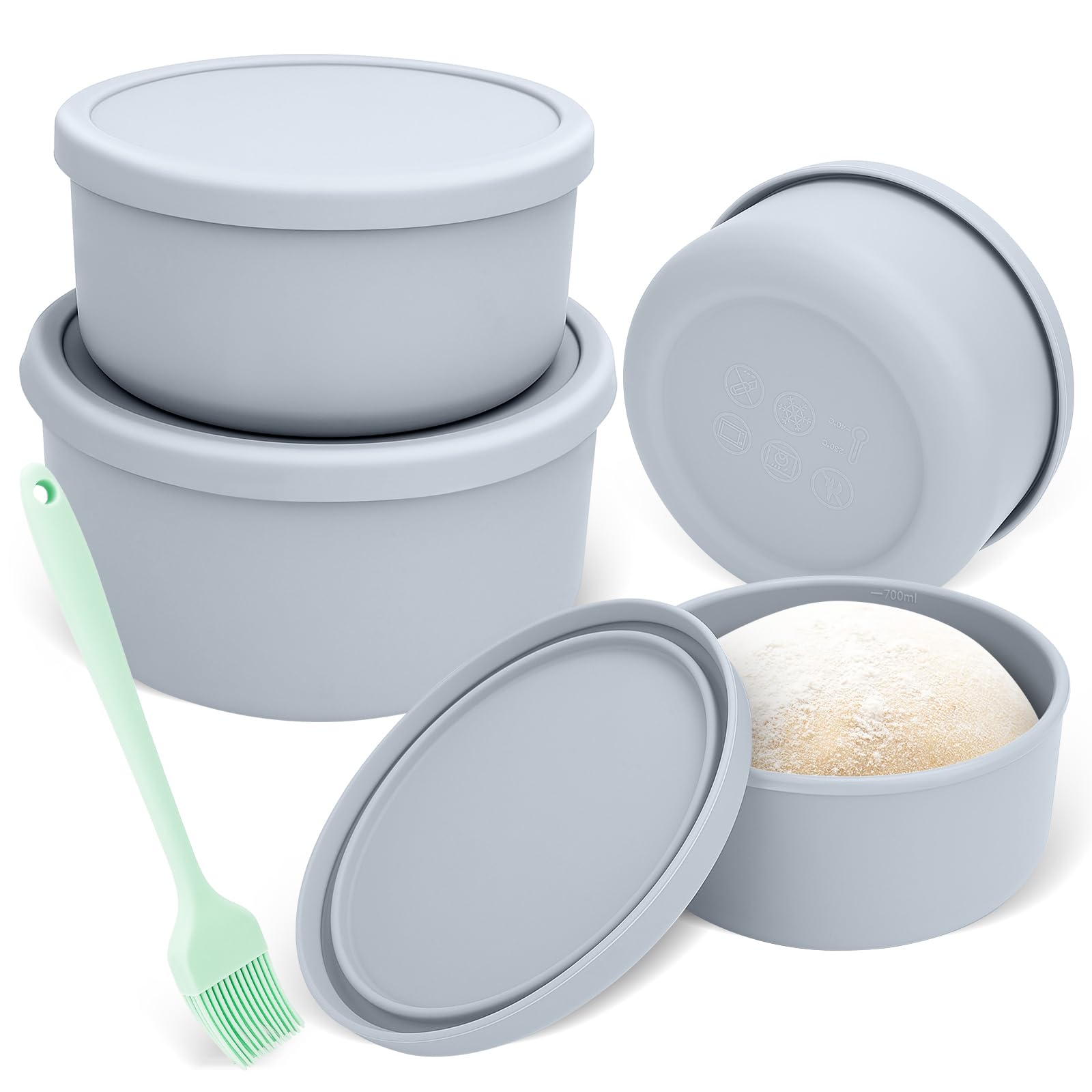 GIOVARA Pizzaballenbox met deksel, set van 4, pizzadeeg, doos van anti-aanbak siliconen, deegballenbox met olieborstel, magnetron, vriezer en vaatwasser (0,7 l x 2 / 1,3 ml / 2,1 l