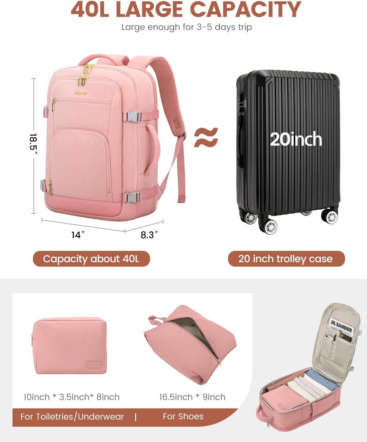 LOVEVOOK Travel Backpack For Women, 40L Carry On Backpack Flight Approved, TSA Personal Item Backpack Fits 17 Inch Laptop, Business Weekender Overnight Waterproof Daypack With 2 Packing Cubes, Pink - Image 3