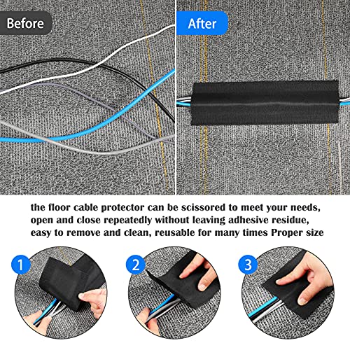 Cubierta para cables de piso Syhood, 2,8 pulgadas x 10 pies, color negro | Diseño adhesivo con velcro, protector de cables para alfombra, gestión de cables en piso, previene tropiezos, ideal para oficinas con alfombra miniatura 4