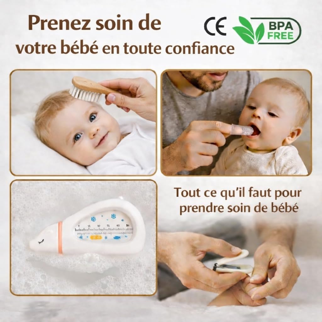 Trousse de Soin Bébé - Kit Complet 10 Accessoires Sans BPA - Brosse en Bois Douce, Coupe-Ongles, Ciseaux - Cadeau de Naissance Pratique et Indispensable