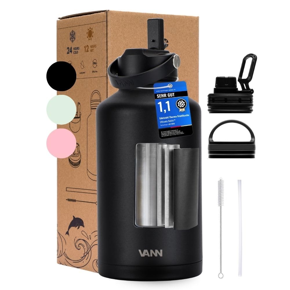 VANN Trinkflasche 2L mit Strohhalm - 3fach isoliert [24h kalt 12h warm] | Thermosflasche für Fitnessstudio, Sport - Trinkflasche Edelstahl [BPA-Frei] - Wasserflasche inkl. 5 Zubehörteile - Schwarz