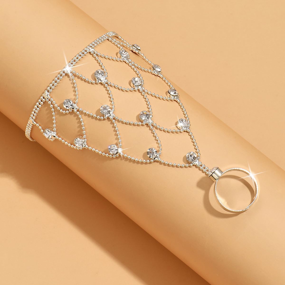 FUTIMELY Rhinestone Ring Bracelet Silver Crystal Hand Chain Finger Ring Bracelet Long Tassel Chain Bracelet Wedding Party Dance Banquet Dress Prom Jewelry for Women - Image 5