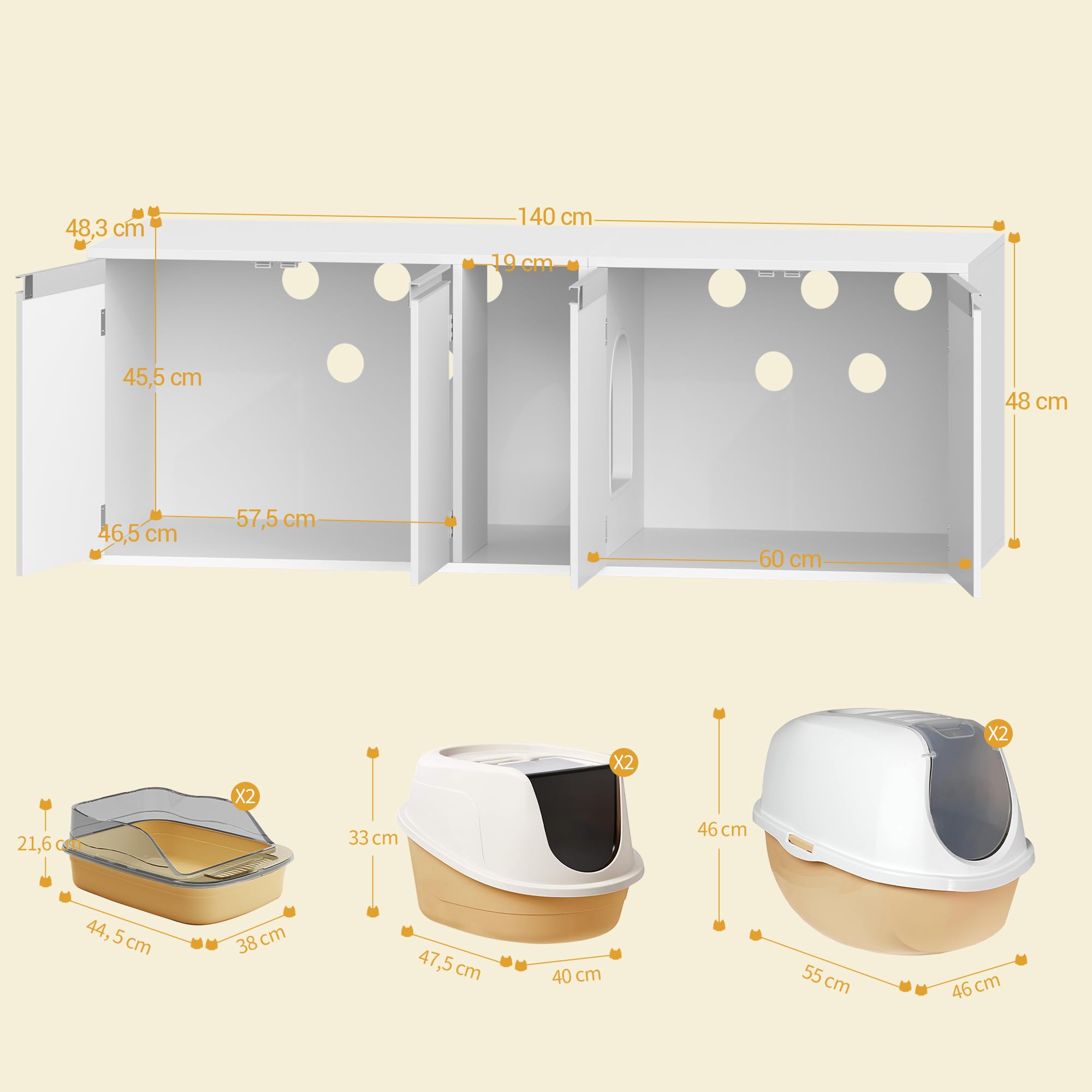Hzuaneri Mueble para Arena de Gato Oculto, Casa para Dos Gatos de Dos Pisos, Arenero y Caseta de Madera Multifuncional Sirve como Soporte TV, 140x48.3x48 cm, Blanco, CB65603X