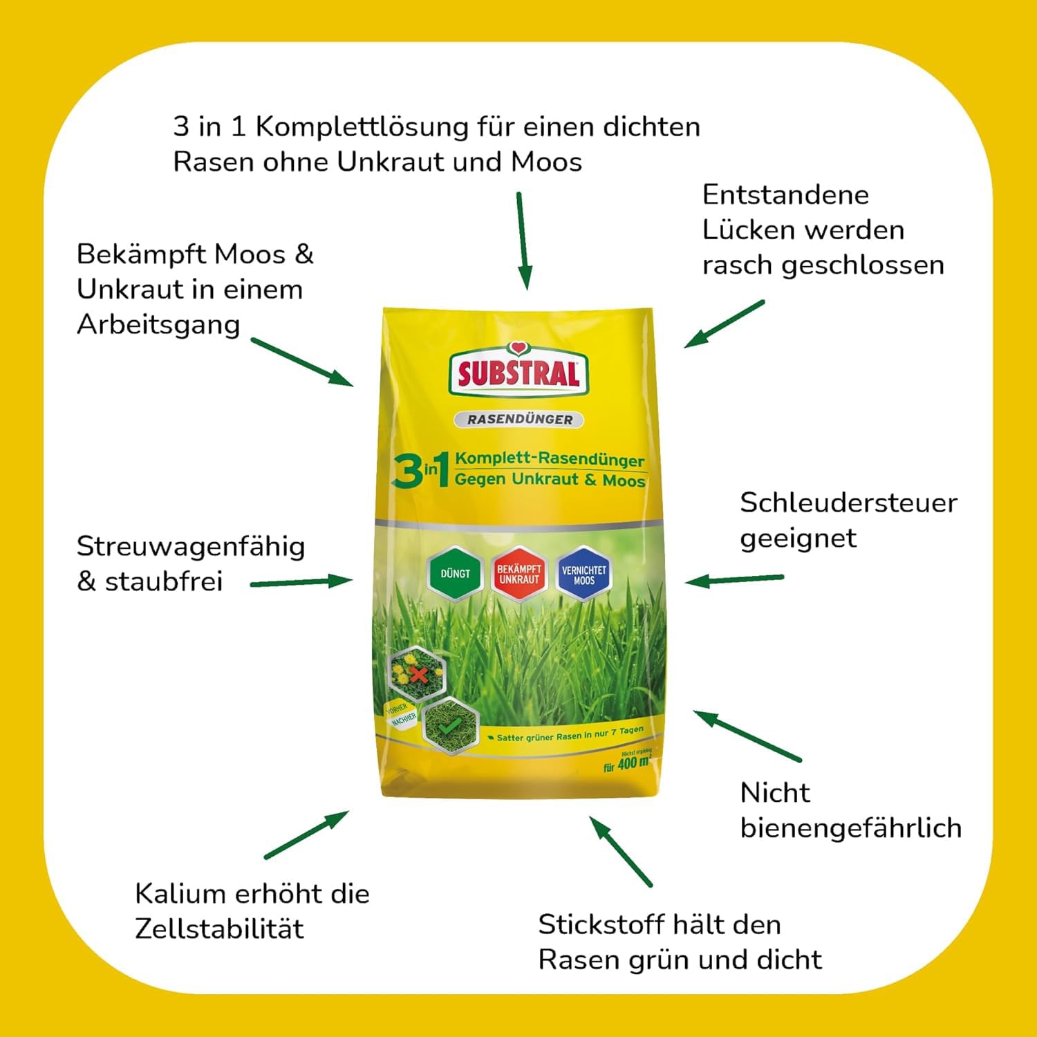 Substral 3in1 Komplettrasendünger 14kg 400m² Rasenfläche Unkrautvernichter Moosvernichter