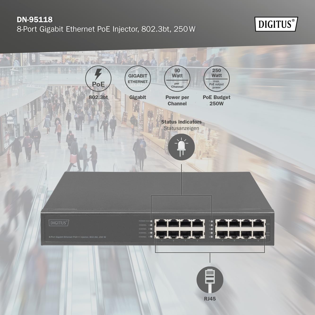 DIGITUS Injecteur PoE+ - 8 Ports RJ45 - Gigabit - IEEE802.3bt - 250W Budget PoE - Tension de Sortie 54VDC - 10/100/1000 Mbit/s - portée 100m - Plug & Play - Noir