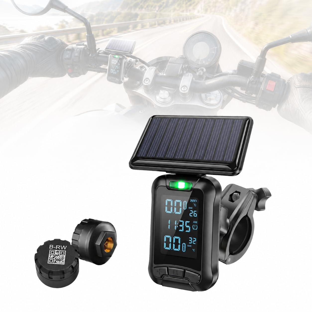 MOMAN Solar TPMS Motorrad Reifendruckkontrollsystem 2 Sensoren Bildschirm | IP67 wasserdicht & staubdicht, LCD-Display, kabellose Sensoren, Druck & Temperaturalarm, kompatibel mit iOS/Android