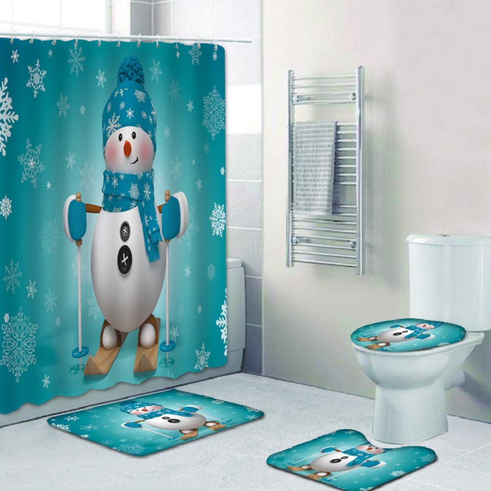 Soly Teche 4Pcs Christmas Bathroom Shower Curtain Sets with Non-Slip Rugs, Bath Mat, Toilet Lid Cover Xmas Theme White Snowman Shower Curtain, Shipping from The USA