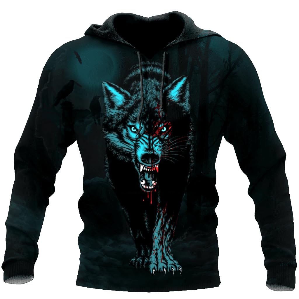 Jjllazad Men's Dark Green Wolf Viking Hoodie 3D Print Norse Mythology Fenrir Wolf Long Sleeve Spring Autumn Pullover For And Wo Cosplay Costume,,5Xl