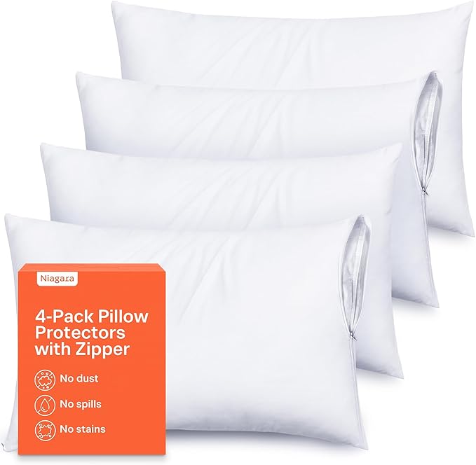 Ultra Soft Pillow Protectors with Zipper King Size - Set of 4 Breathable Pillow Covers - 100% Protection Against Stains, Dust & Dirt - Machine Washable (White)