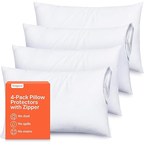 Ultra Soft Pillow Protectors with Zipper Standard Size - Set of 4 Breathable Pillow Covers - 100% Protection Against Stains, Dust & Dirt - Machine Washable (White)