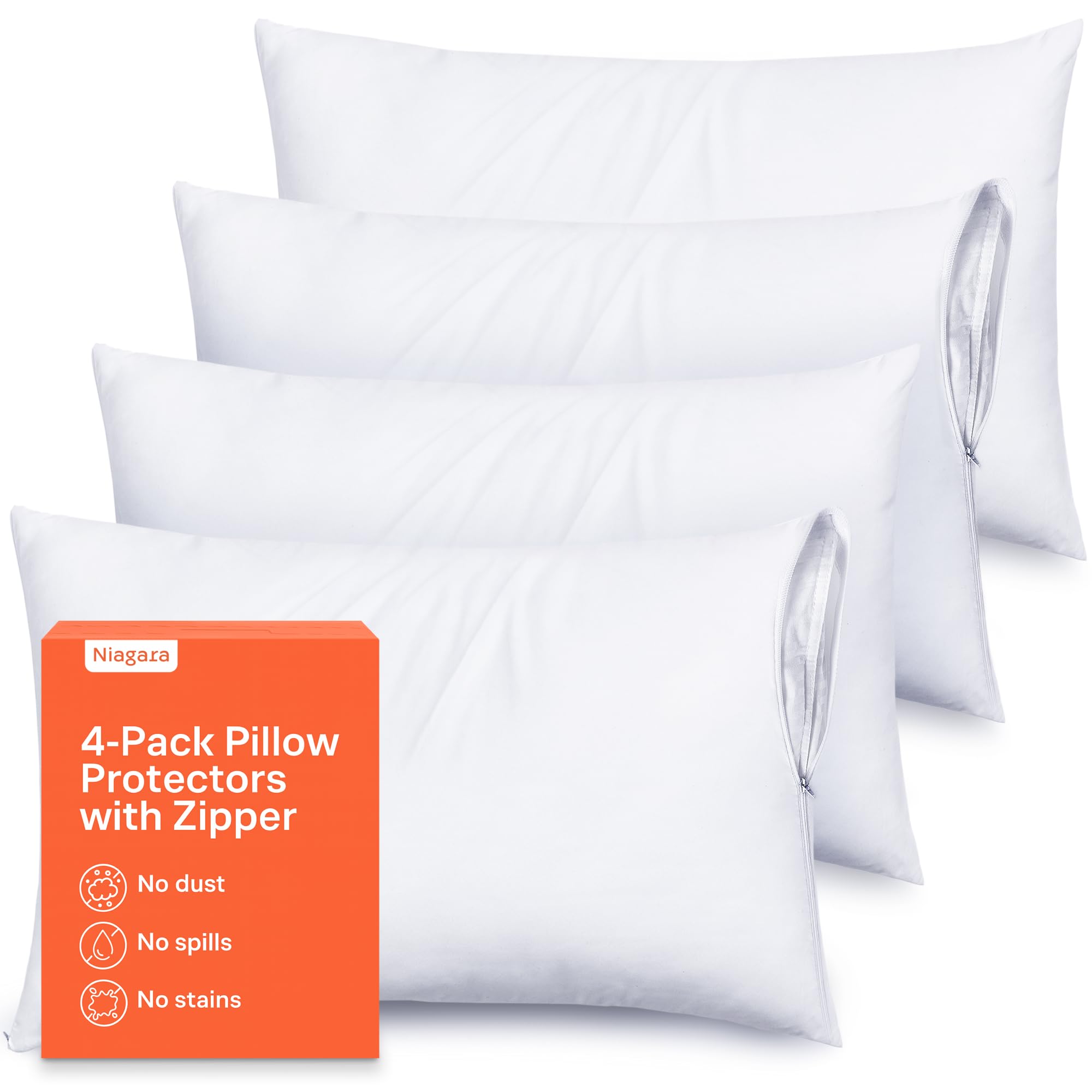 Niagara 4 Pack of Pillow Protectors with Zipper, Standard Size, Effective Dust Protection, Quiet, Stay in Place Pillow Covers, Breathable Case for Pillow Lifespan Extention (20x26 Inches)