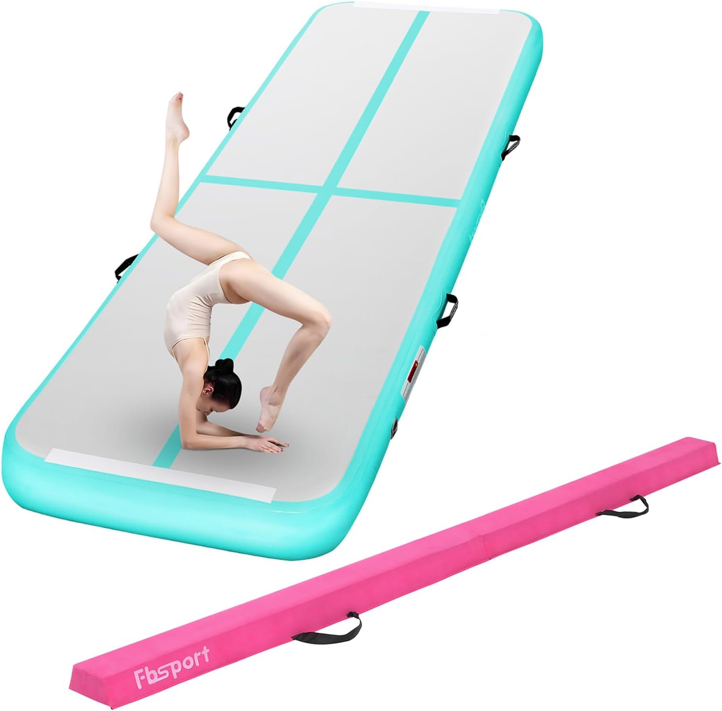 FBSPORT 20ftx3.3ftx4in Inflatable Air Gymnastics Mat Training Mats Gymnastics Tracks with Pump, 8ft Balance Beam Folding Floor Gymnastics Beam