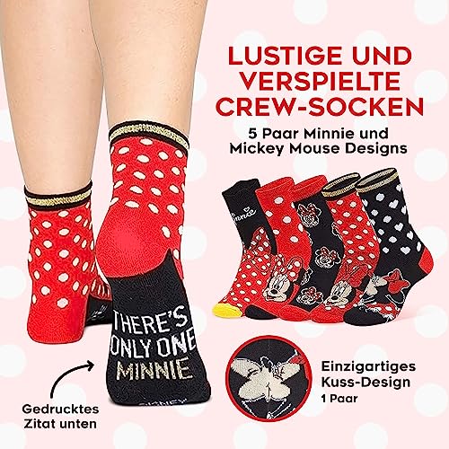 Disney Stitch Damen Socken, bunte warme Strümpfe mit Motiv, Geschenke für Frauen, Teenies, 5er-Pack (35-41 EU, Rot/Schwarz Minnie Mouse)