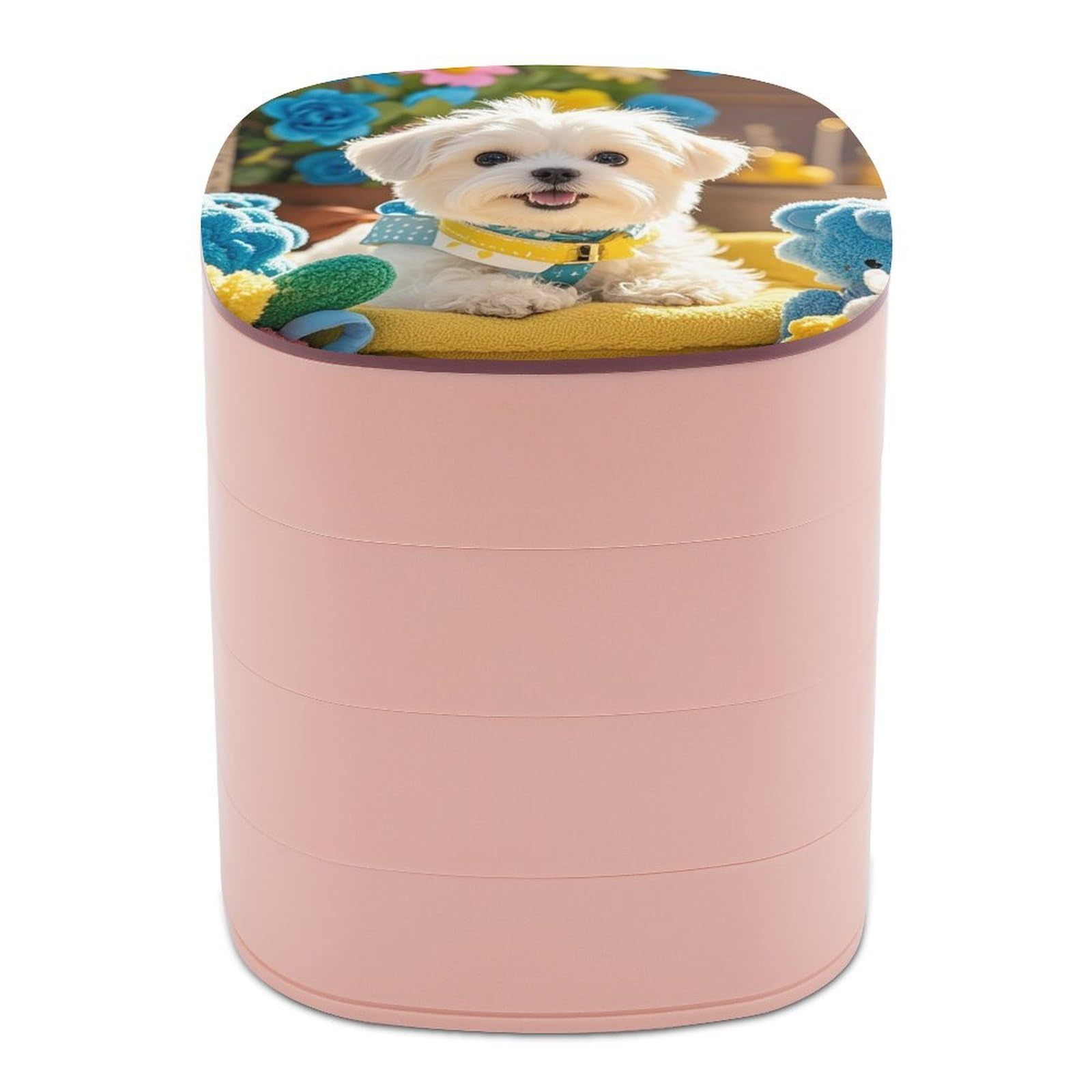 VstaDank Cute Maltese Puppy Jewelry Case Women Portable Travel Jewelry Box Rotating Jewelry Organizer with Mirror Multi-Layer Necklace Ring Earring Storage Box for Bracelets Rings