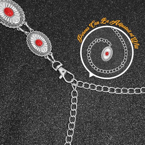 SANSTHS Western Metal Concho Belt for Women, Waist Chain Cowgirl Belt for Dresses Jeans Pants with Silver Chain, red gem L4