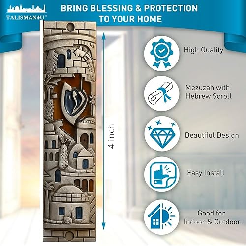 Miniatura 2 de TALISMAN4U Carcasa judía MEZUZAH de esmalte plateado con pergamino Jerusalén Israel Judaica puerta Mezuza 4 pulgadas