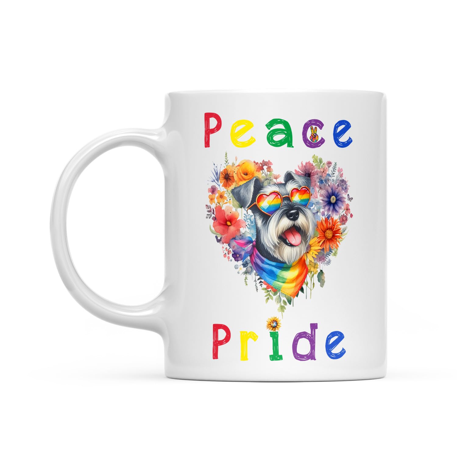 Ninety3POD Peace Love Pride Schnauzer with Rainbow Sunglasses LGBT LGBTQ+ White Mug Miniature Schnauzer Dog Lover Gifts Idea Coffee Tea Cup - 004
