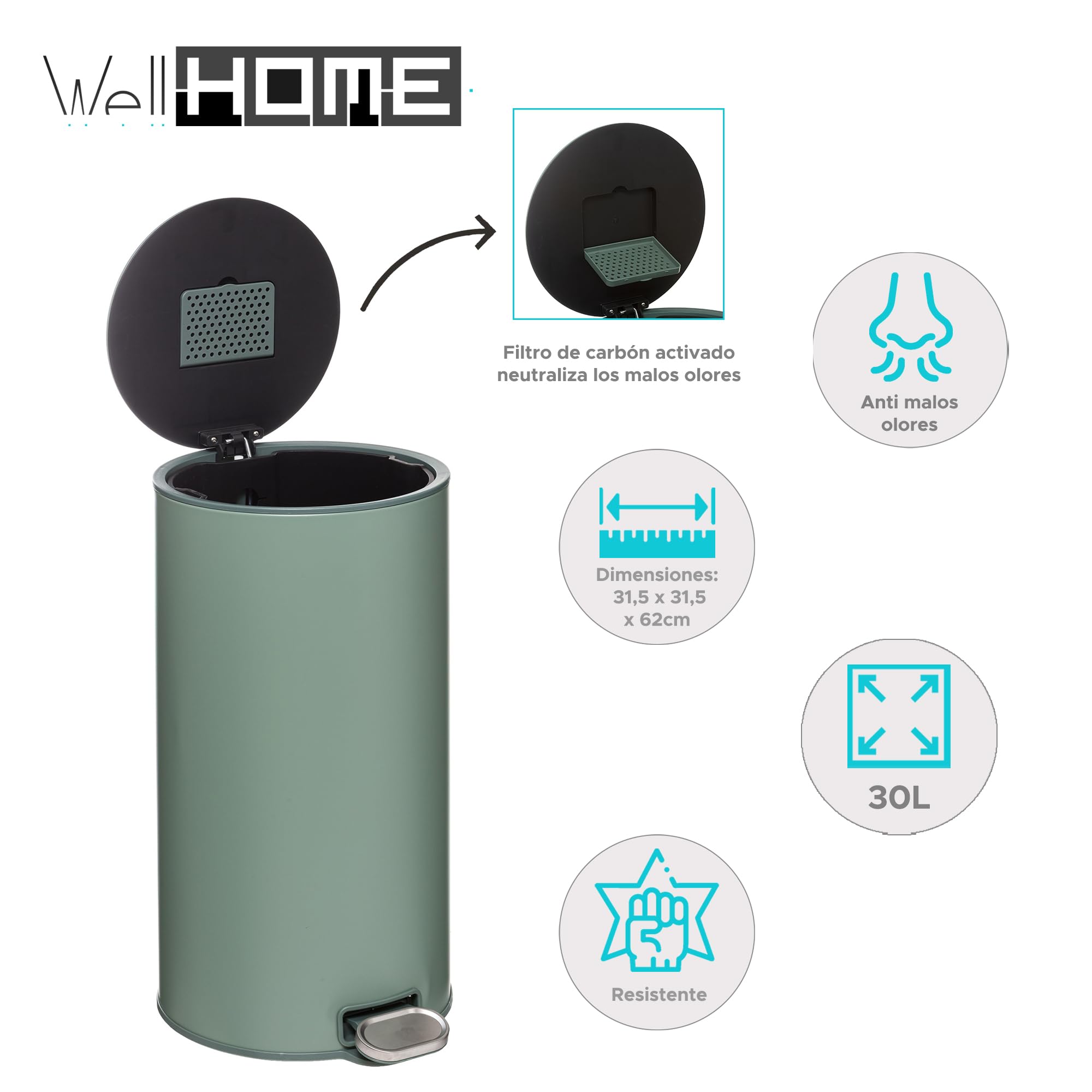 WELL HOME - Papelera / cubo de basura / contenedor de residuos con pedal 30L Retro verde delta