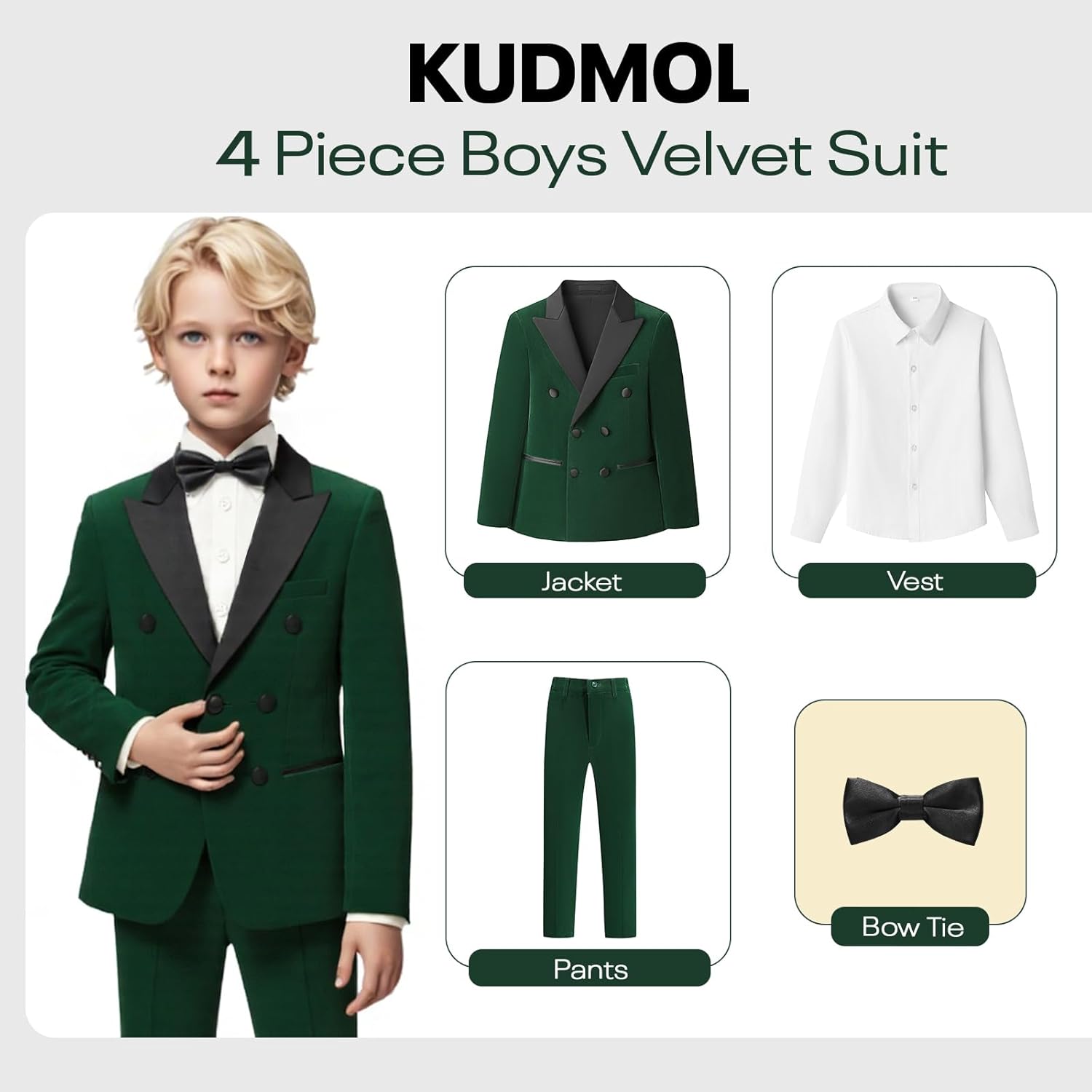Boys Velvet Suit Slim Fit 4 Piece Double Breasted Kid Tuxedo Sets Wedding Outfits with Jacket Shirt Pants Bow Tie - Image 3