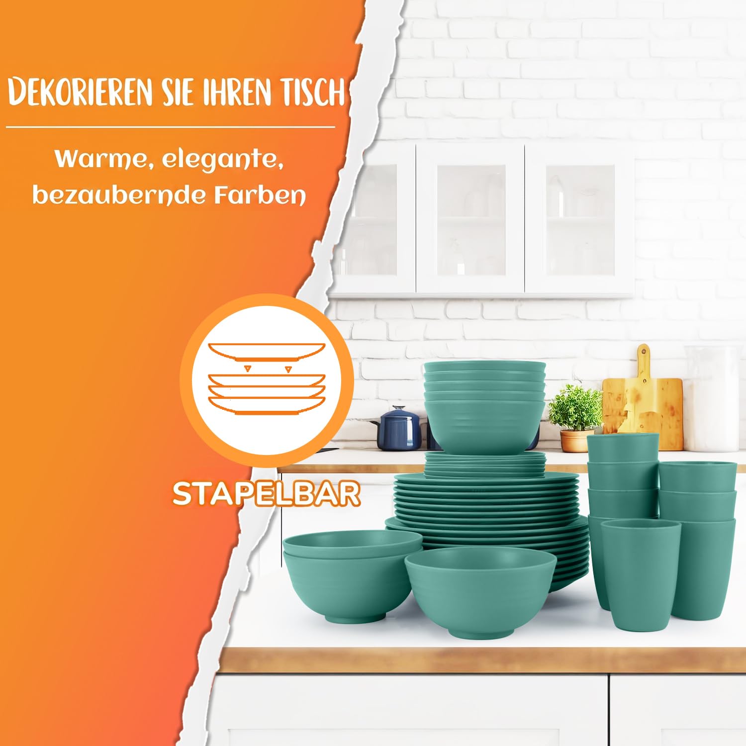 Wrova Juego de vajilla de 40 piezas, platos y cuencos con vaso, juego de platos irrompibles para 8 personas, apto para lavavajillas y microondas, para camping, autocaravanas - verde oscuro