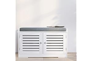 RASOO Shoe Rack Bench with 2 Doors & Padded Seat Cushion