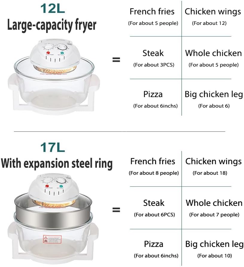 Diagram showing the 12L glass air fryer and how to expand it to 17L using the expansion ring, with examples of food capacities.