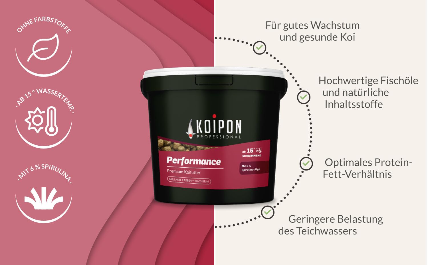 KOIPON Performance 1 kg Koifutter Sommer für Farbe, schwimmend, 6% Spirulina, Teichfutter 6 mm Pellets, Koifutter als Goldfischfutter geeignet