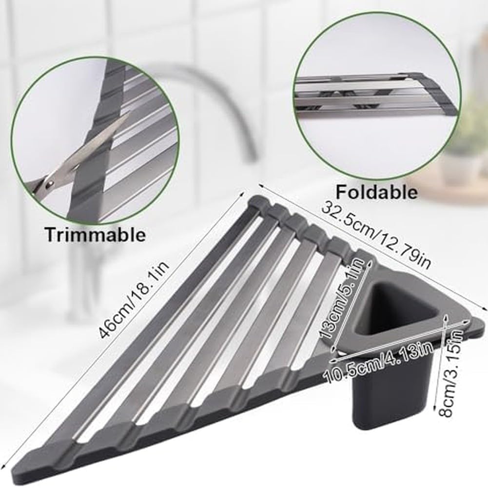 Scolapiatti compatto triangolare sopra il lavandino, scolapiatti pieghevole da cucina con robusto telaio in alluminio, tappetino in silicone antiscivolo per asciugatura rapida, salvaspazio