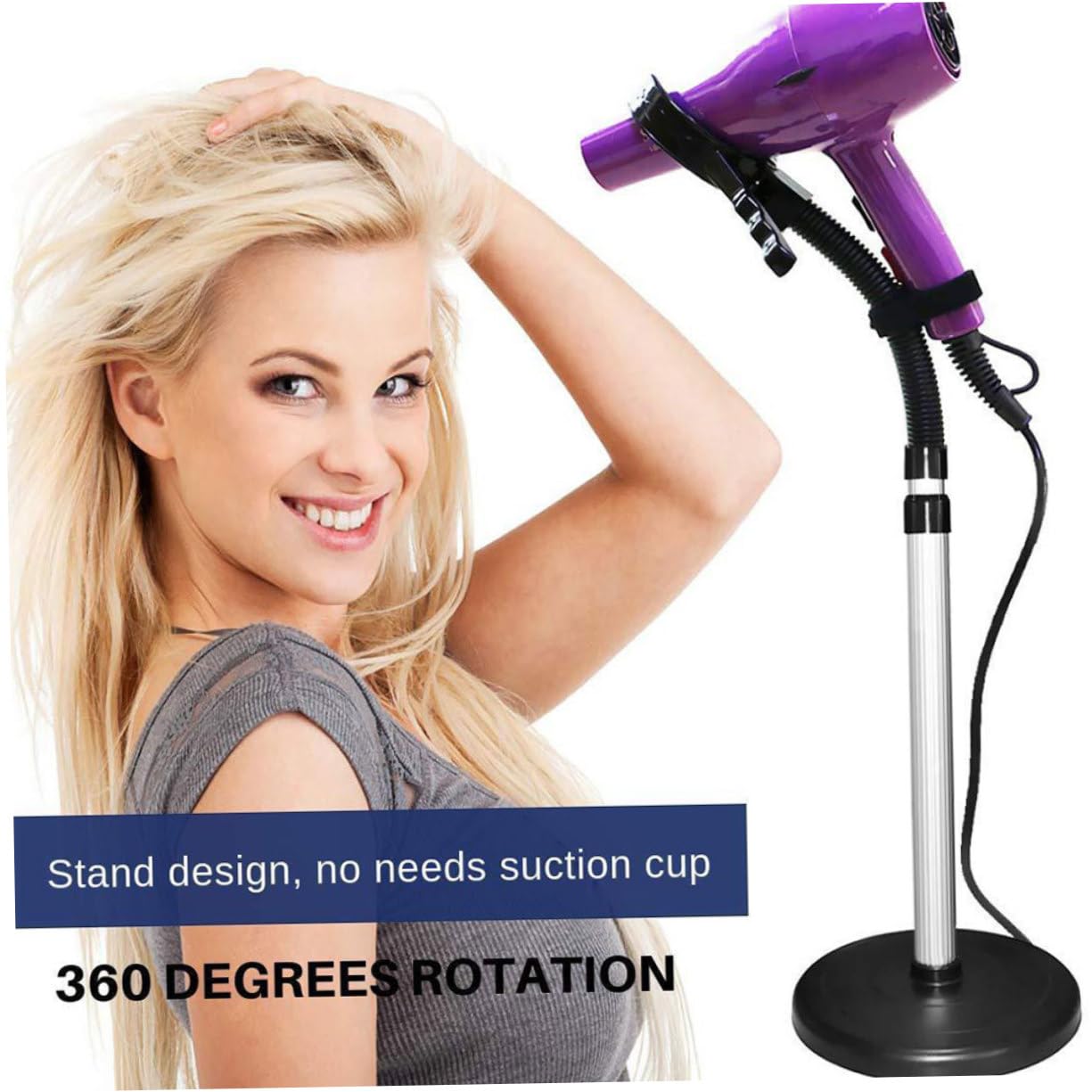 Soporte para Secador de Pelo Manos Libres con Ventosa Giratoria 360° | Aleación y Goma, Negro, Instalación Fácil, Soporte para Peinado y Rizado