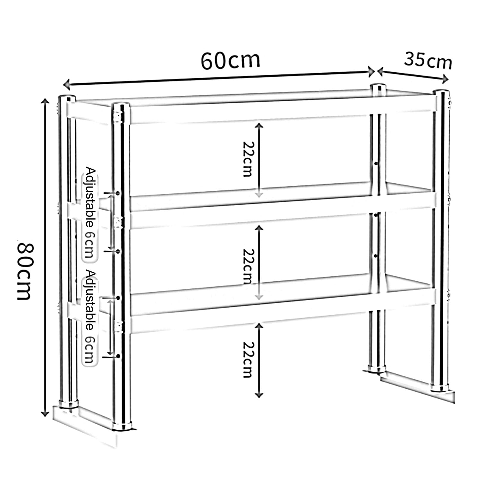 Scaffale regolabile a 3 ripiani in acciaio inox resistente per ristoranti e cucina, scaffalatura per tavolo da preparazione commerciale, 60 x 35 x 80 cm, finitura argento durevole