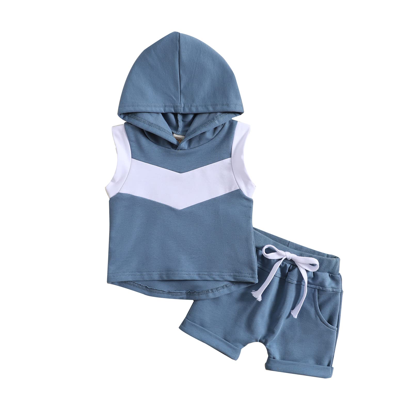 Ynibbim 2pcs Toddler Boy Summer Clothes Infant Baby Casual Hooded Sleeveless Vest Tops Drawstring Shorts Outfits (E - Contrast Blue, 0-6 Months)