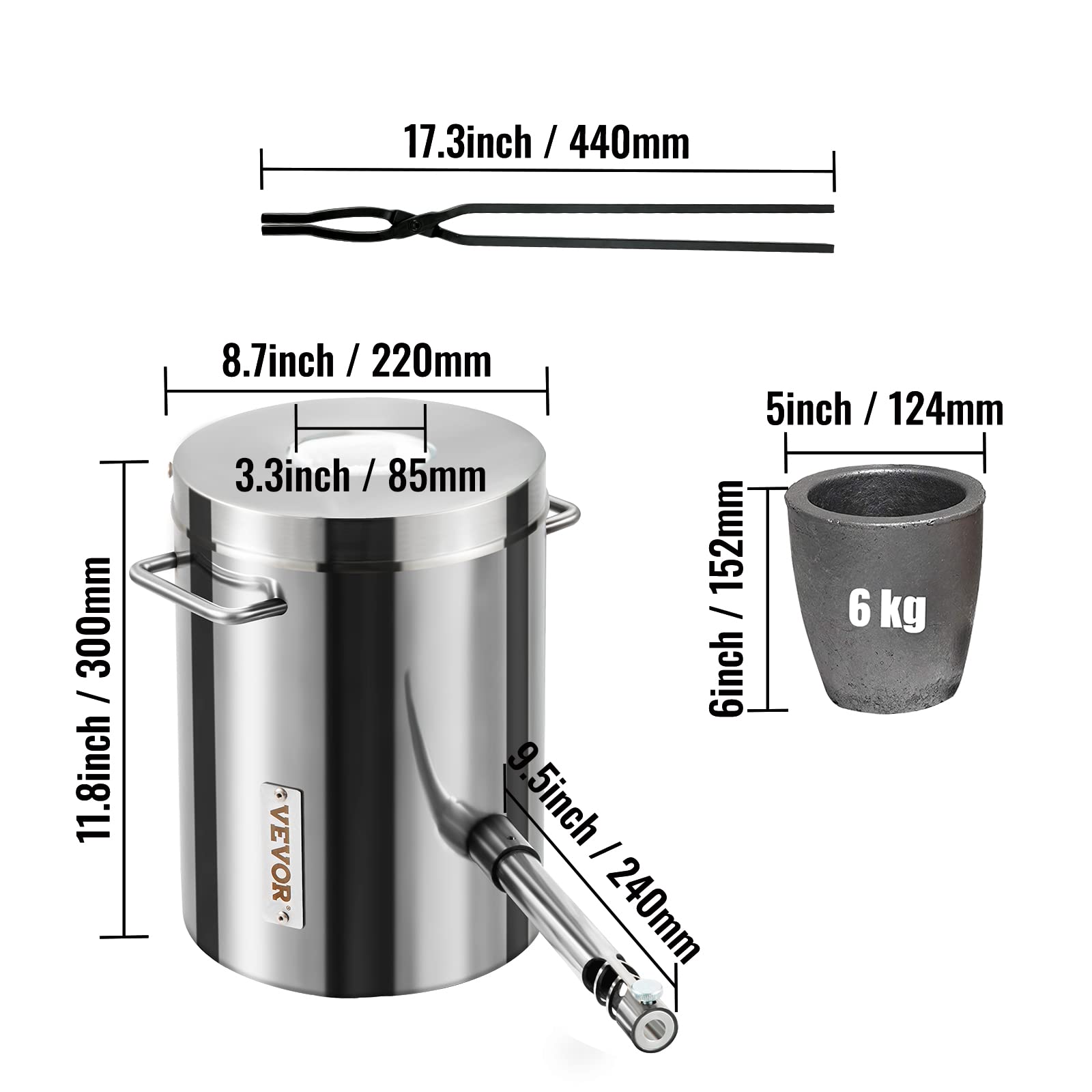 VEVOR Schmelzofen Propan Metall Schmelzofen 6 kg, Edelstahl Schmelzofen Gas 1482 ℃ inkl. 1 x Brenner, 1 x Tiegel, Schmiede Messerherstellung Schmiedeset für Kupfer, Aluminium, Gold, Silber usw.