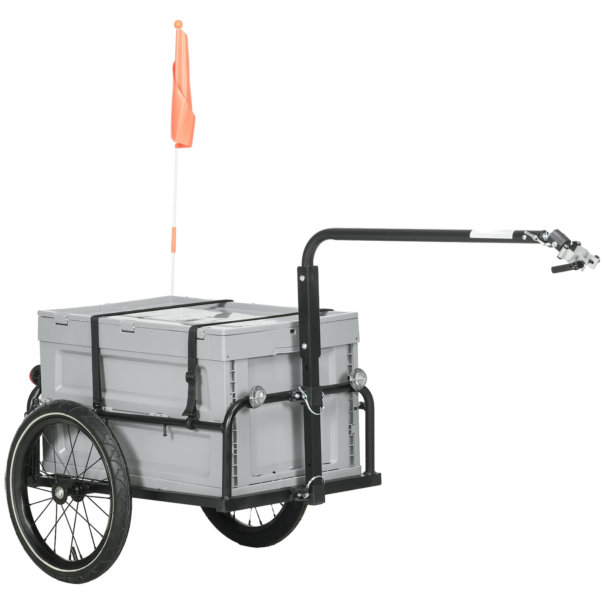 HOMCOM Rimorchio per bicicletta con cassetto portaoggetti estraibile pieghevole da 65 l, pneumatici e riflettori di sicurezza, carico massimo 40 kg, grigio