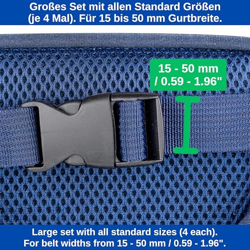 Steckschnallen Set, 24 Stück, jede Größe 4 Mal, 15 mm, 20 mm, 25 mm, 32 mm, 38 mm und 50 mm, in Schwarz, aus Kunststoff, Steckschnallen-Klickverschluss, Ersatz Steckverschluss Reparatur, Gurtschnalle