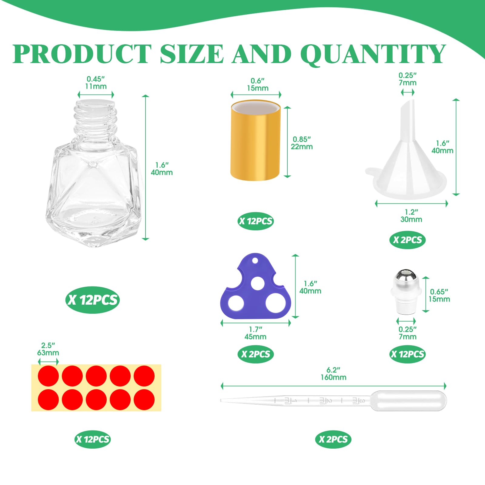 Yauhar 12Pcs 8ml/0.27oz Travel Essential Oil Roll On Bottle with Stainless Steel Ball Gold Cap Set Contains Polygonal Clear Glass Roller Bottle - Image 2