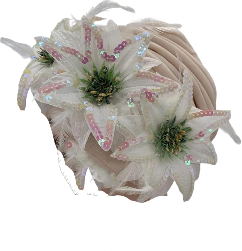 Dvbfufv Women Feather Sequins Turban Caps for Wedding Party Hat African Muslim Headscarf Female Headwrap