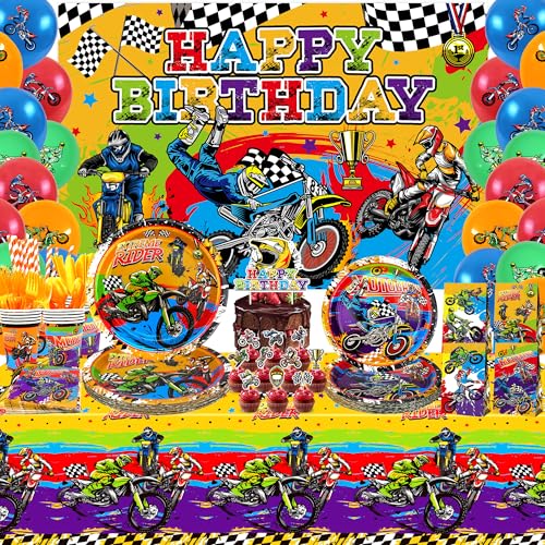 Dirt Bike Party Supplies, Includes Happy Birthday Backdrop, Plate, Napkin,