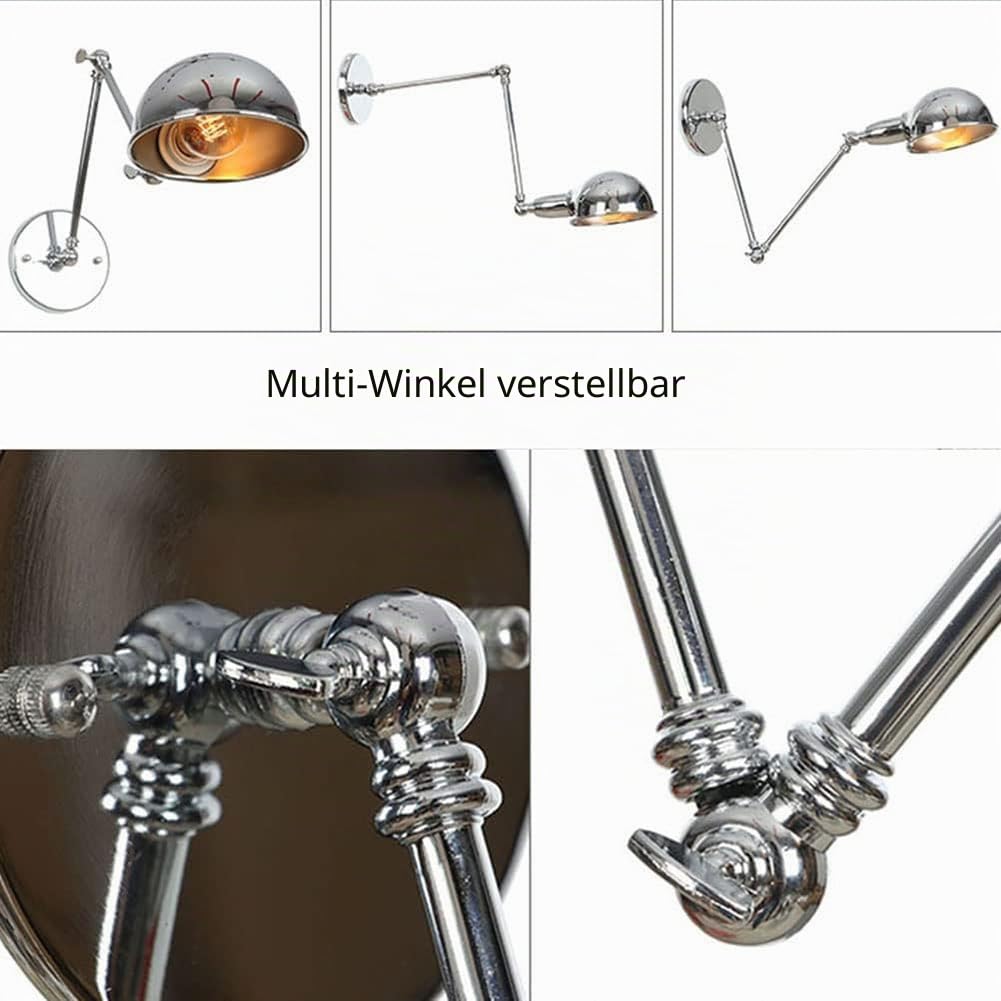 Retro Wandleuchte Verstellbare Schwenkarm Wandlampe mit Stecker Kabel Schalter Wandbeleuchtung Chrom Innen Nachttischlampe Ausziehbar Lange Arm Wand Leselampe Metall E27 Wohnzimmerleuchte