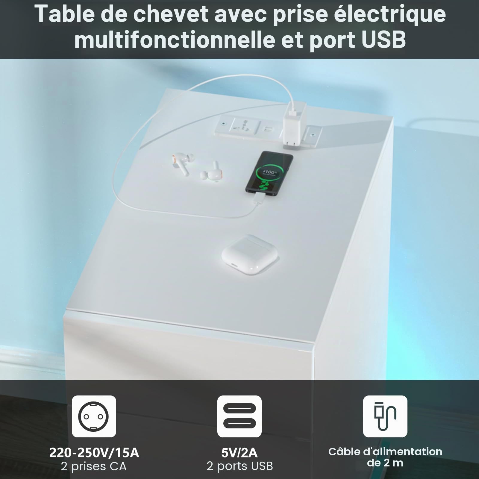 Table de Chevet 30 cm, Table de Nuit LED à 3 tiroirs, 2 Prises CA, 2 Ports USB, d'appoint Étroite, 16 Couleurs Variée RVB LED, pour Salon, Chambre, Bureau, Blanche 50x30x63cm