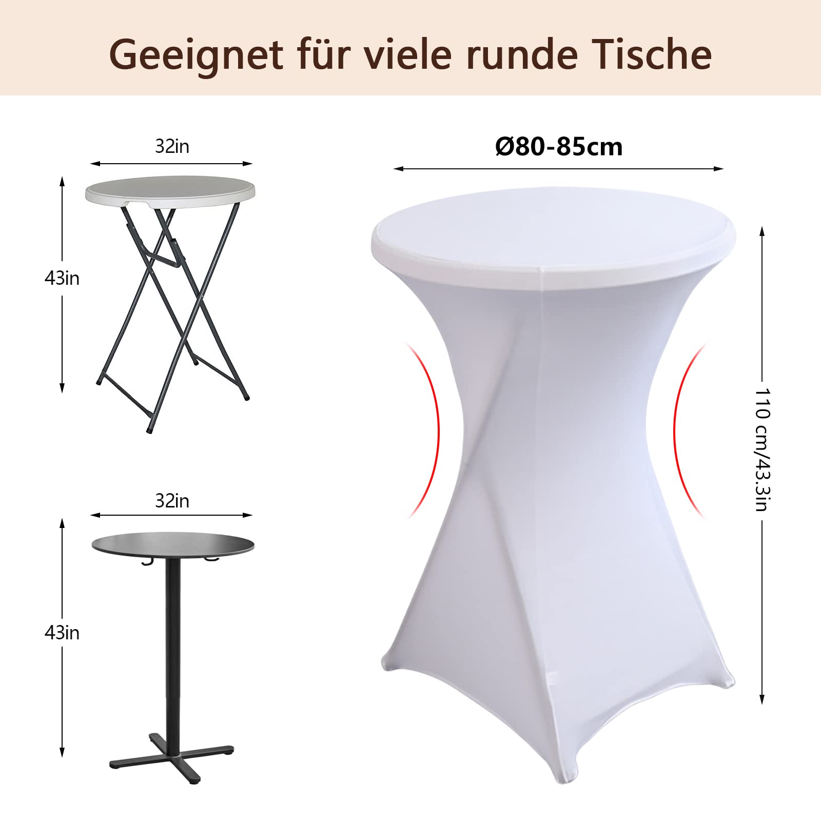 Pesonlook Set van 4 stretchhoezen voor bistrotafel, diameter 80-85 cm, versterking in de voetzone, elastische zwarte hoezen voor statafels en bistrotafels (80 x 110 cm, zwart