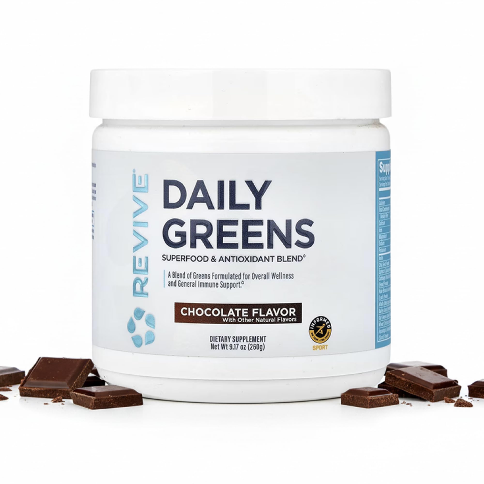 Revive MD Daily Greens Powder, Chocolate – Superfood & Antioxidant Blend for Energy, Gut Health & Immunity – Greens Supplement with Vitamins, Minerals, Digestive Enzymes & Probiotics (20 Servings)