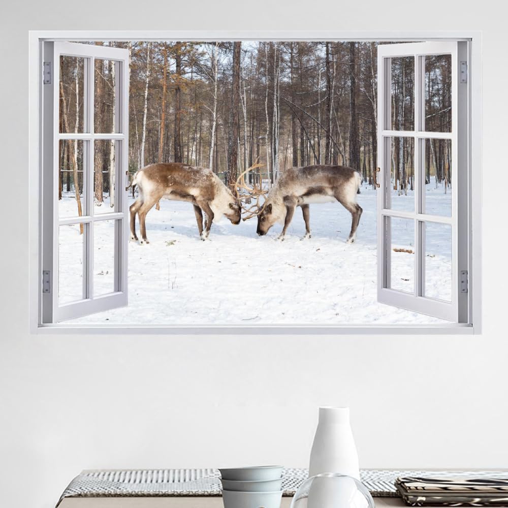 3D Wandtattoos Durchbruch Wandbild Schneehirsch Selbstklebend Kinderzimmer Aufkleber Wandaufkleber Winterwald Abnehmbare Wandsticker für Kinderzimmer Wohnzimmer Schlafzimmer Deko