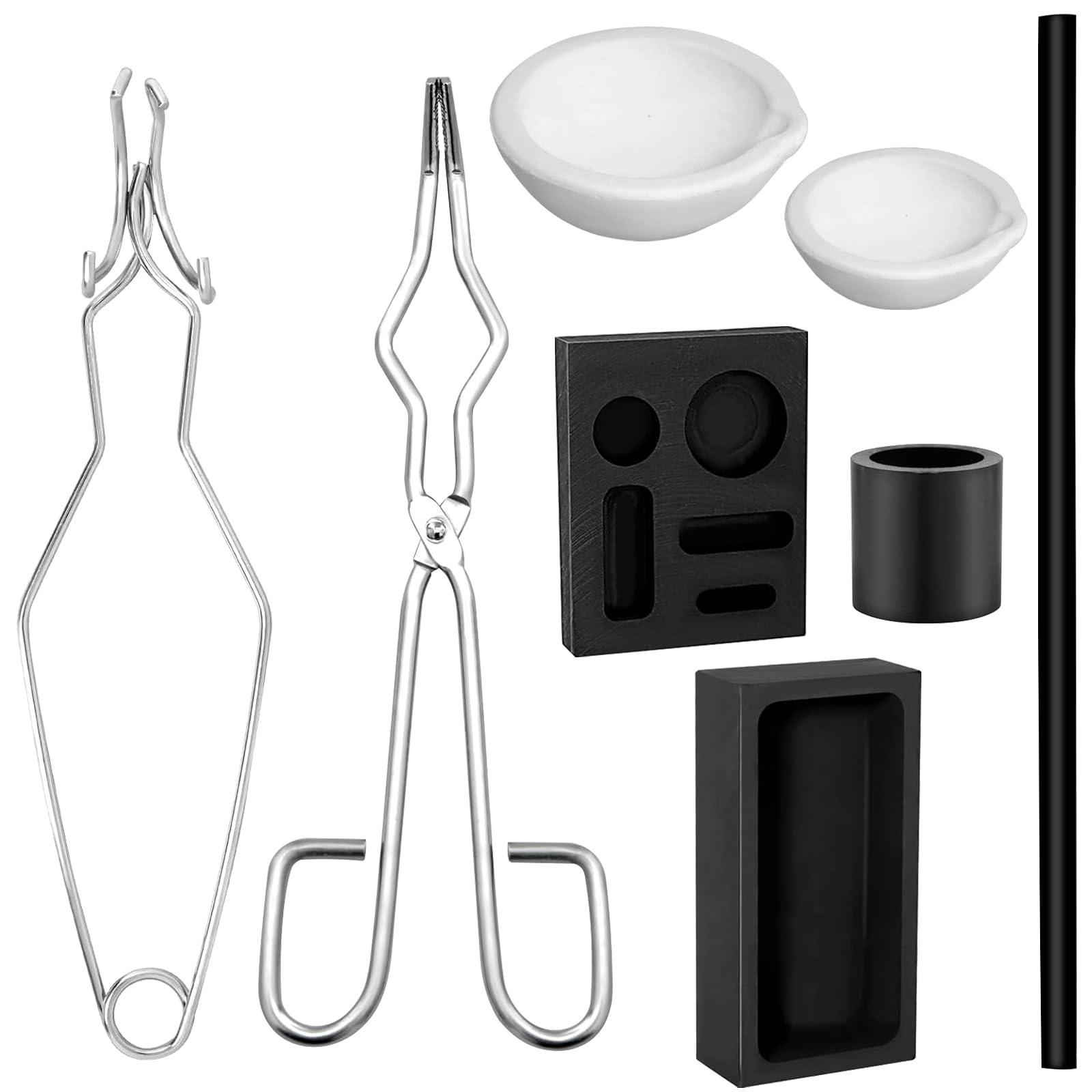 Kit de fundición de metal de grafito de 8 piezas, incluye 2 pinzas para crisol, 2 moldes de lingote de fundición de grafito, 2 crisoles de cuarzo, 1 varilla de grafito, 1 crisol de grafito,