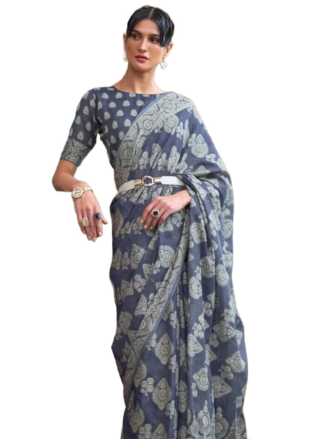 SWORNOF Women’s Lucknowi Linen cotton Woven Sarees For Women with Blouse SWORNOF Women’s Lucknowi Linen cotton Woven Sarees For Women with Blouse