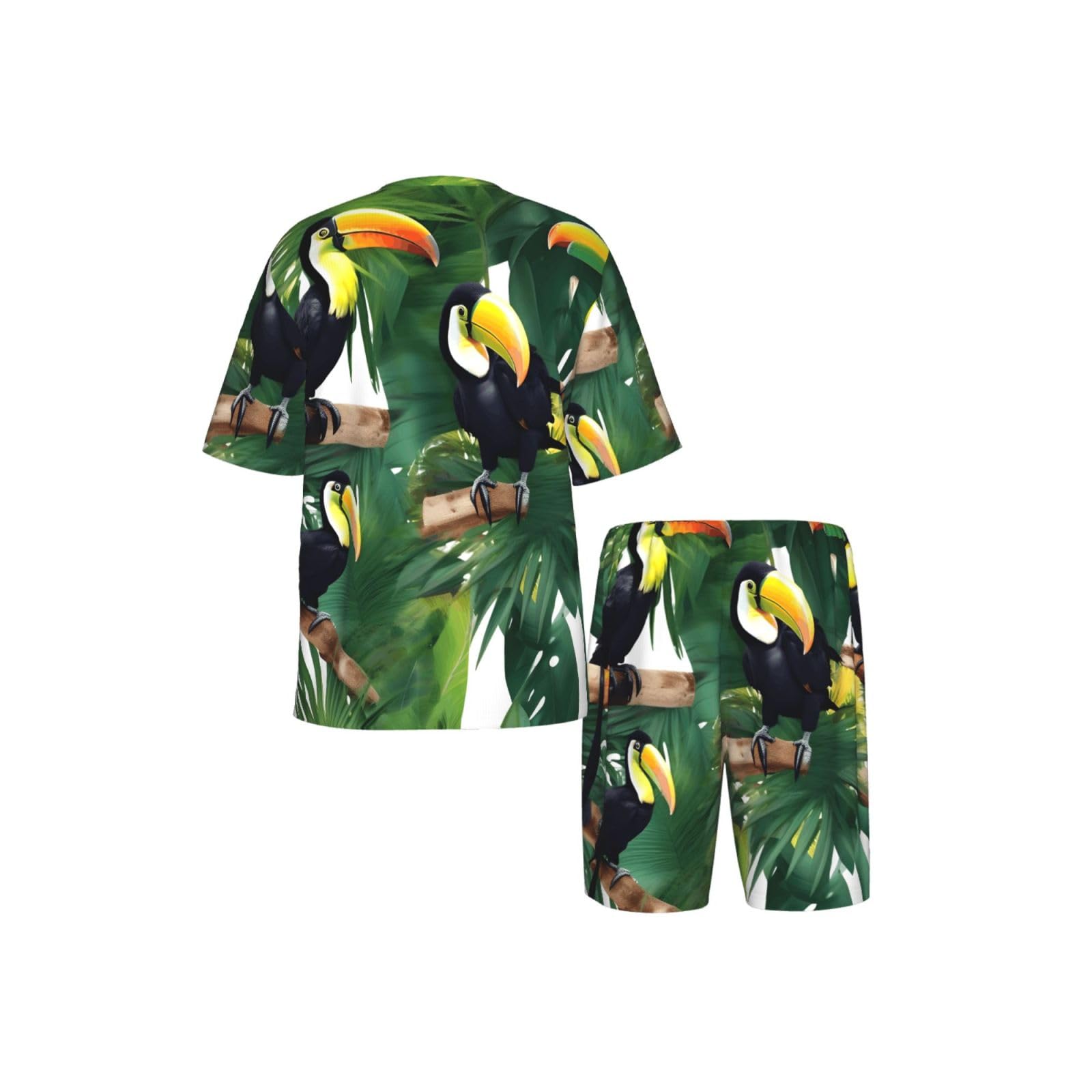 Conjunto de pijama clásico para hombre con estampado de hojas de loro, palmera, tucanes, pantalones cortos de pijama suaves para hombre, perfecto para las noches de verano