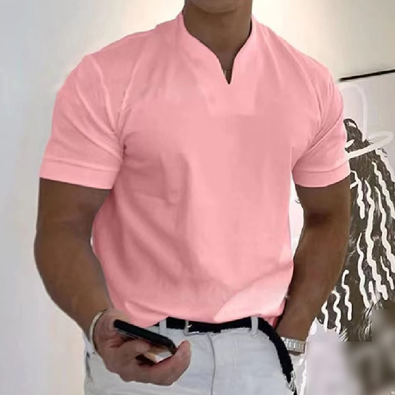 Men's V Neck Workout Gym T-Shirts Short Sleeve Training Bodybuilding Shirts Lightweight Slim Fit Muscle Tee Top (Pink,3X-Large)